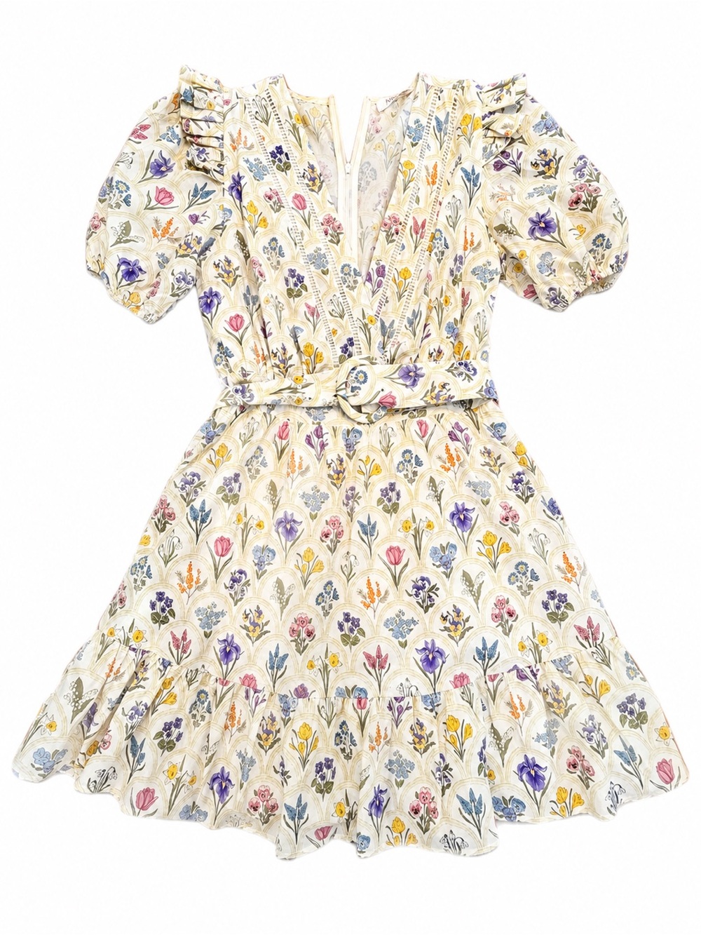 Floral Puff-Sleeve V-Neck Dress - Cream Floral